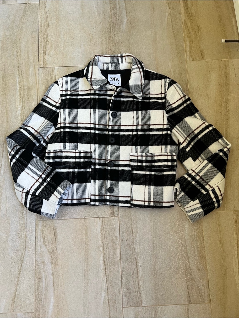 Zara Black & White Plaid Cropped Blazer Jacket